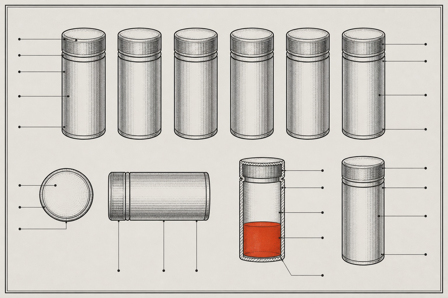 A hand-drawn patent plate showing a row of identical sealed containers in several views. One is drawn in cutaway section, its contents filling only the lower third in vermilion, well short of the rim.