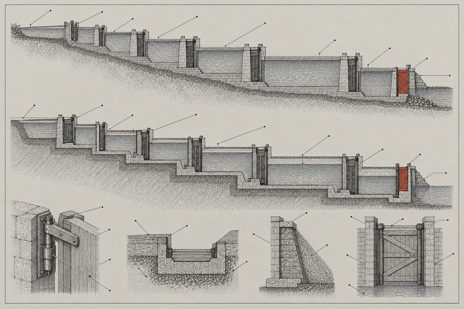 A hand-drawn patent plate of a canal lock staircase in elevation and cutaway section, the chambers growing longer as the water descends, with detail views of a hinge and a gate. The closed final gate is vermilion.