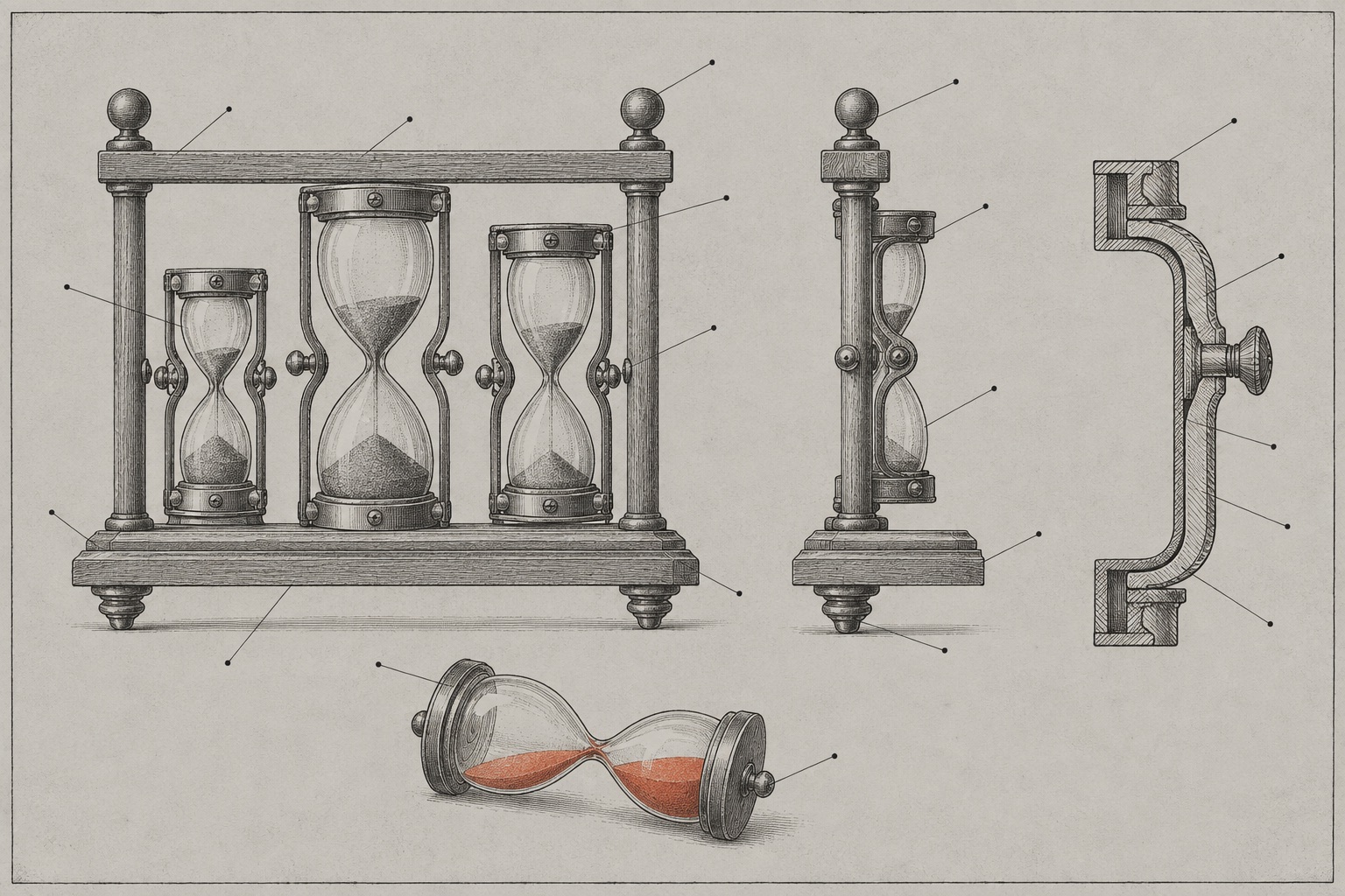 A hand-drawn patent plate of a stand holding three hourglasses of different sizes, each locked in its own bracket, shown in front, side, and cutaway views. A fourth hourglass lies loose on its side, outside the stand, with vermilion sand.