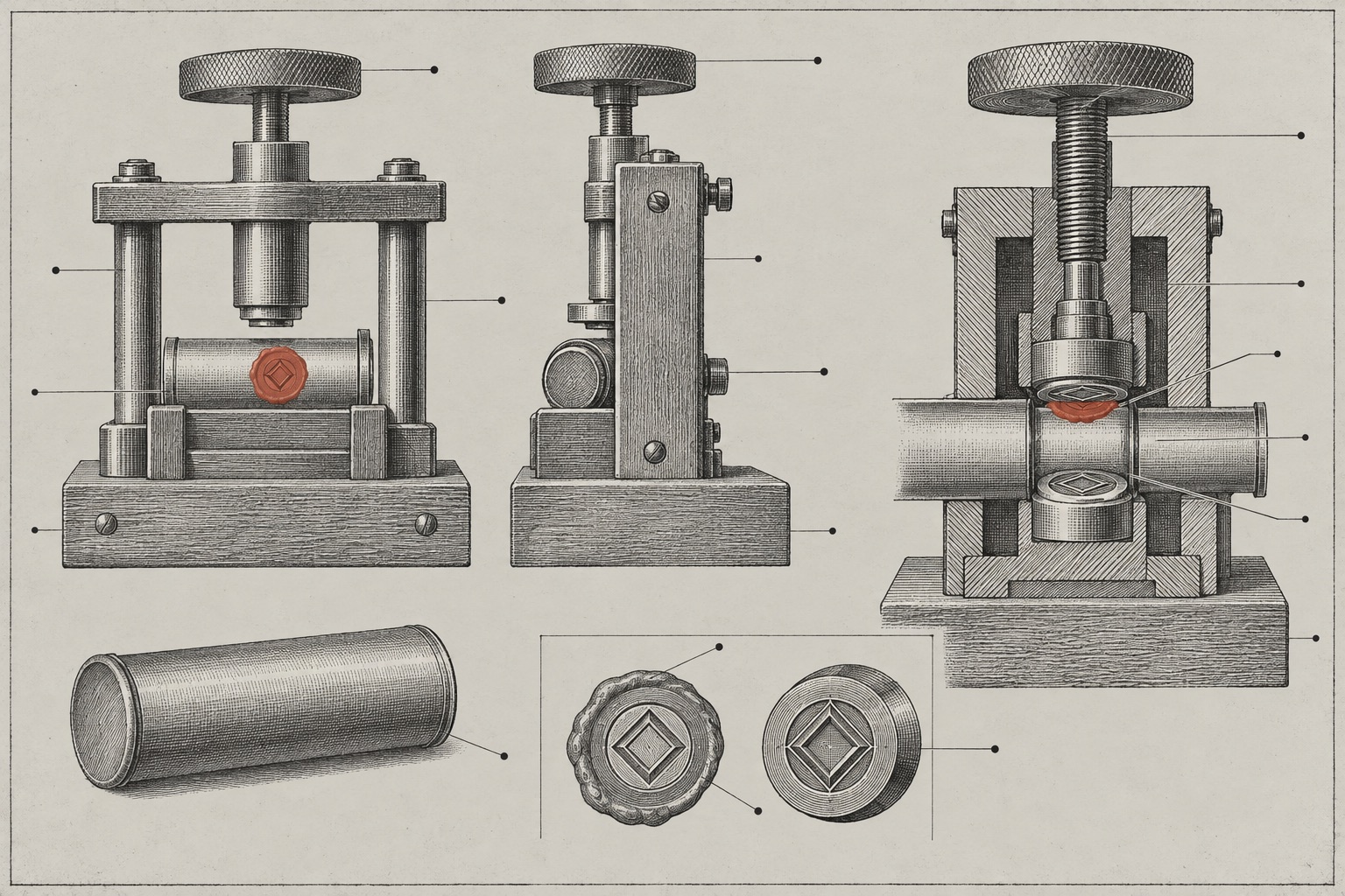 A hand-drawn patent plate of a bench press that stamps and checks wax seals on message cylinders, shown in front, side, and cutaway views, with a detail figure of a seal beside its matching die. A loose unsealed cylinder lies outside the press, and the wax seal held in the press is vermilion.
