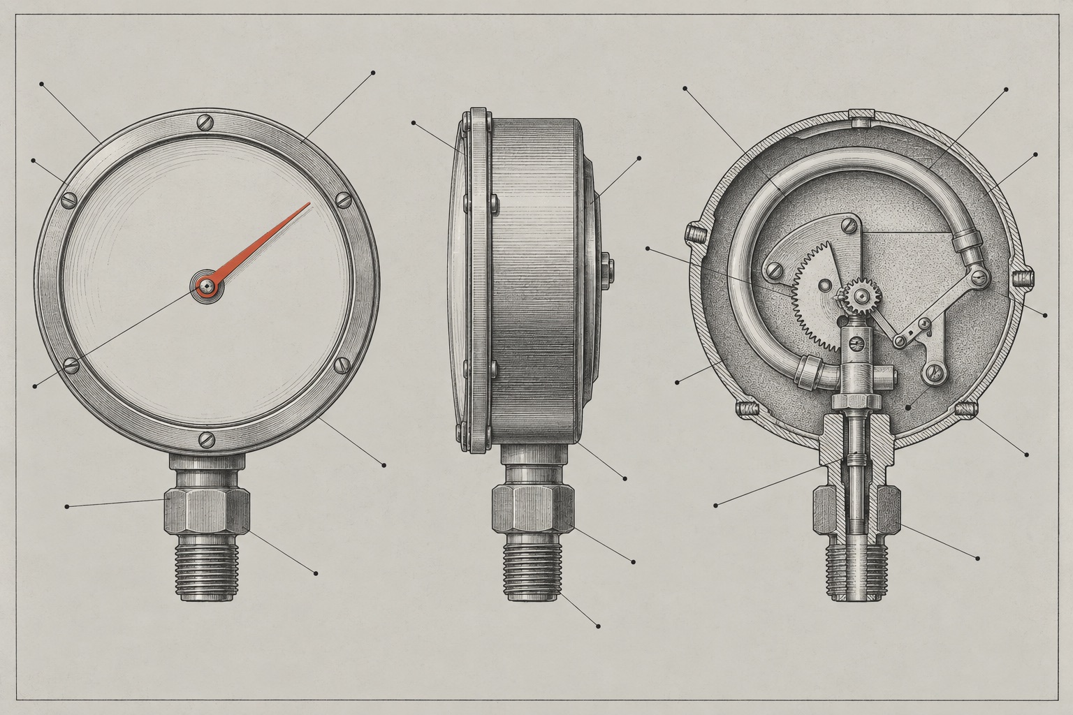 A hand-drawn patent plate of a pressure gauge in three views: front, side, and cutaway. The housing, glass, and gear train are finely detailed, but the dial face has no scale markings, and a single vermilion needle points at the blank dial.